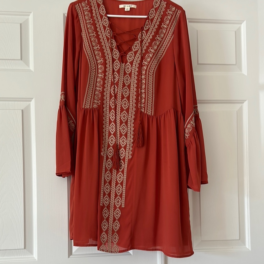 Bohemian Red Tunic Dress with Embroidered Details